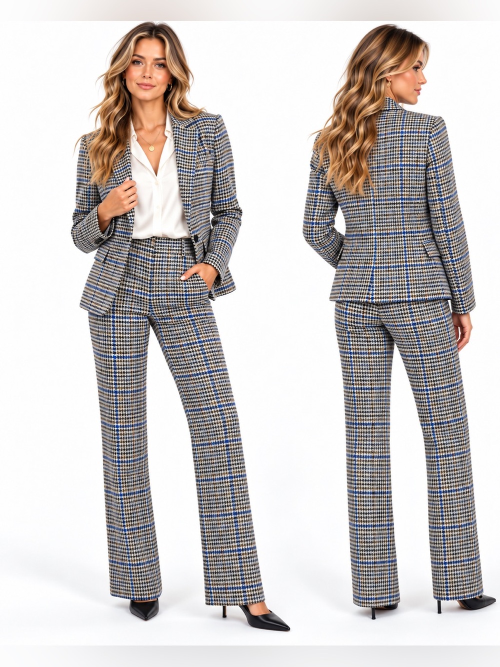 WHBM Houndstooth Plaid 2 Piece Pantsuit Blazer 8 Flare Pants 6L